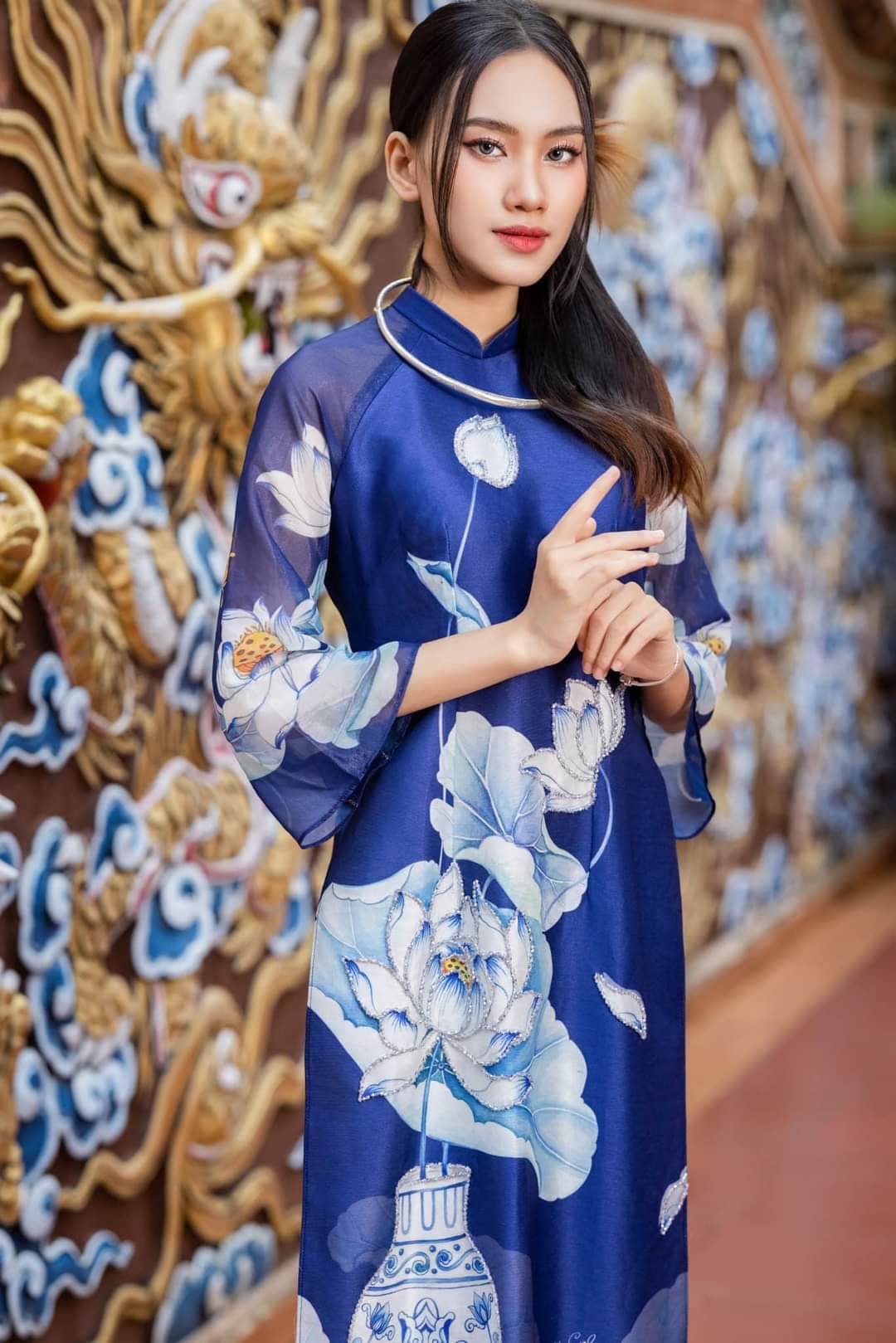 Set Áo dài sen xanh đính cườm- set of double layers blue lotus áo dài