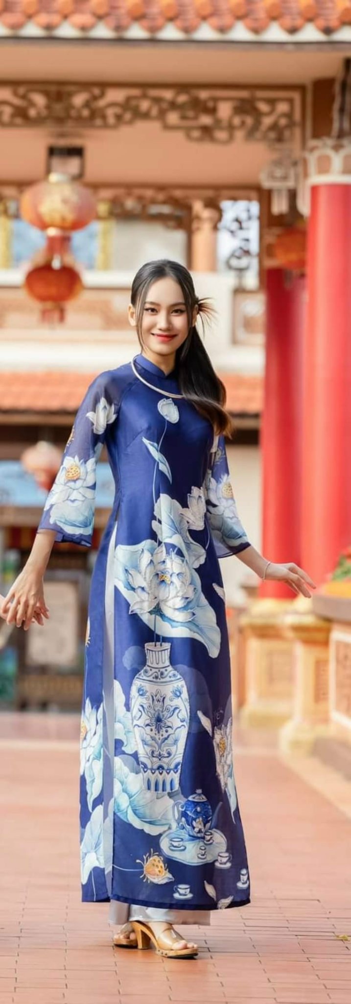 Set Áo dài sen xanh đính cườm- set of double layers blue lotus áo dài