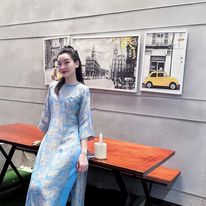 Áo dài cách tân suông gấm Vân Tiều cúc bọc màu xanh blue- Modern Ao Dai