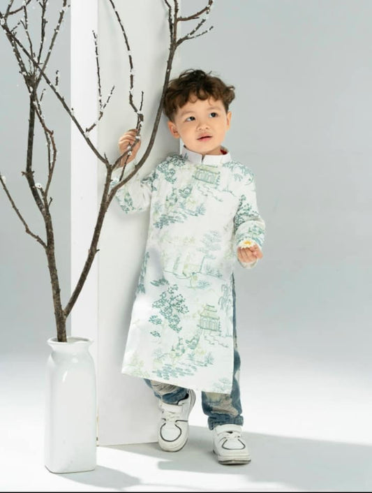 Áo dài tơ thêu tơ màu trắng cho bé trai - pre-made white embroidery áodài for boy