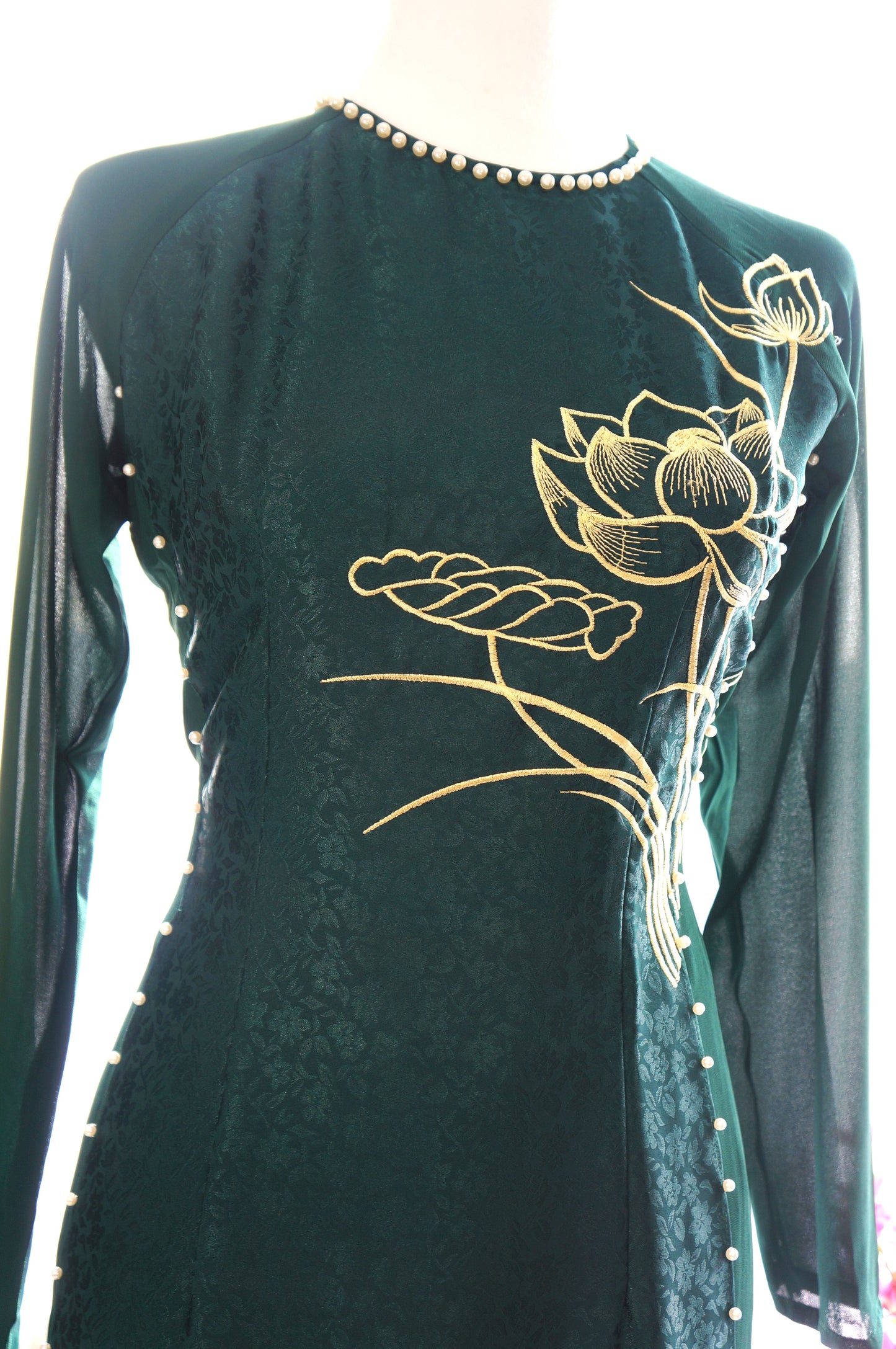 Gấm phối chiffon 4 tà quần 2 lớp thêu- pre-made set of deep green embroidery chiffon ao dai