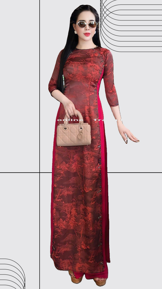 Áo dài gấm 2 da Thái Tuấn kết pha lê, cách điệu hack eo 4 tà- 2 layers traditional Thai Tuan gam silk set in red