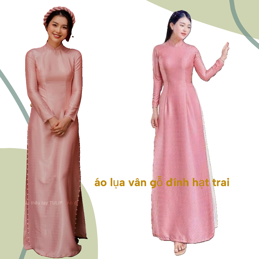 Áo dài lụa vân gỗ đính ngọc trai- traditional pink silk áo dài