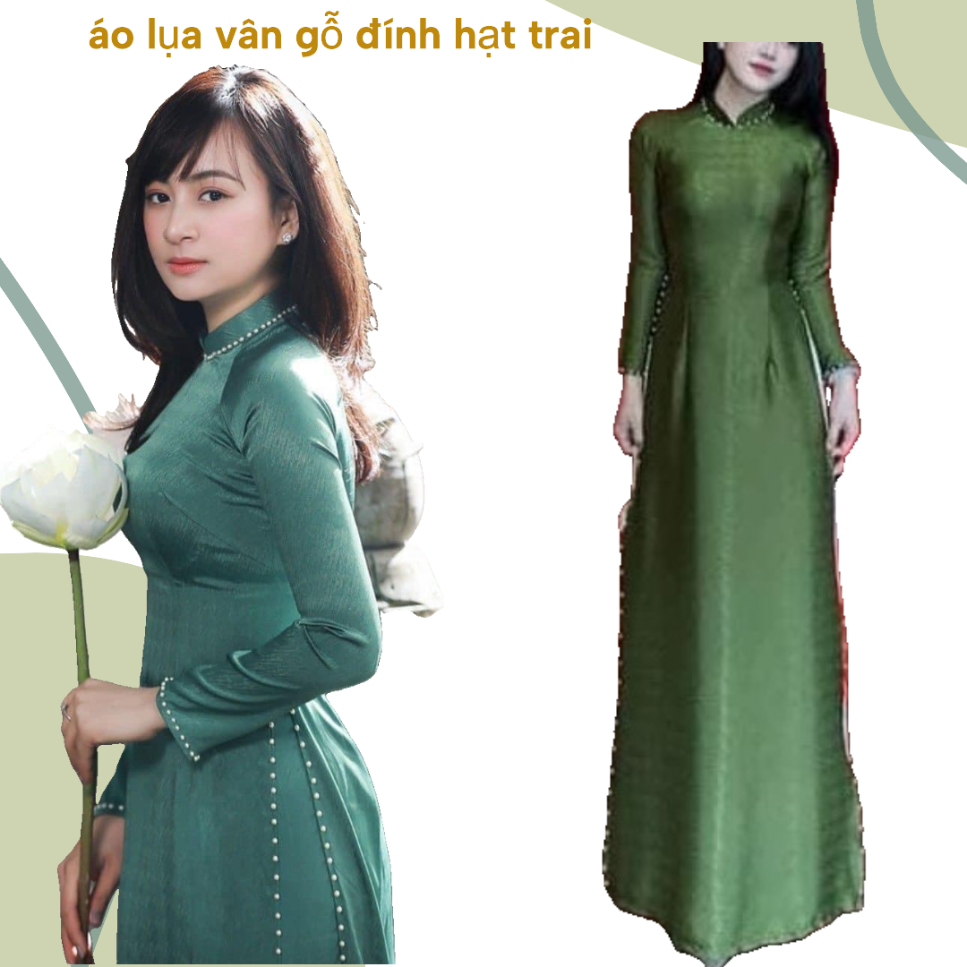 Áo dài lụa vân gỗ đính ngọc trai- traditional moss green silk áo dài