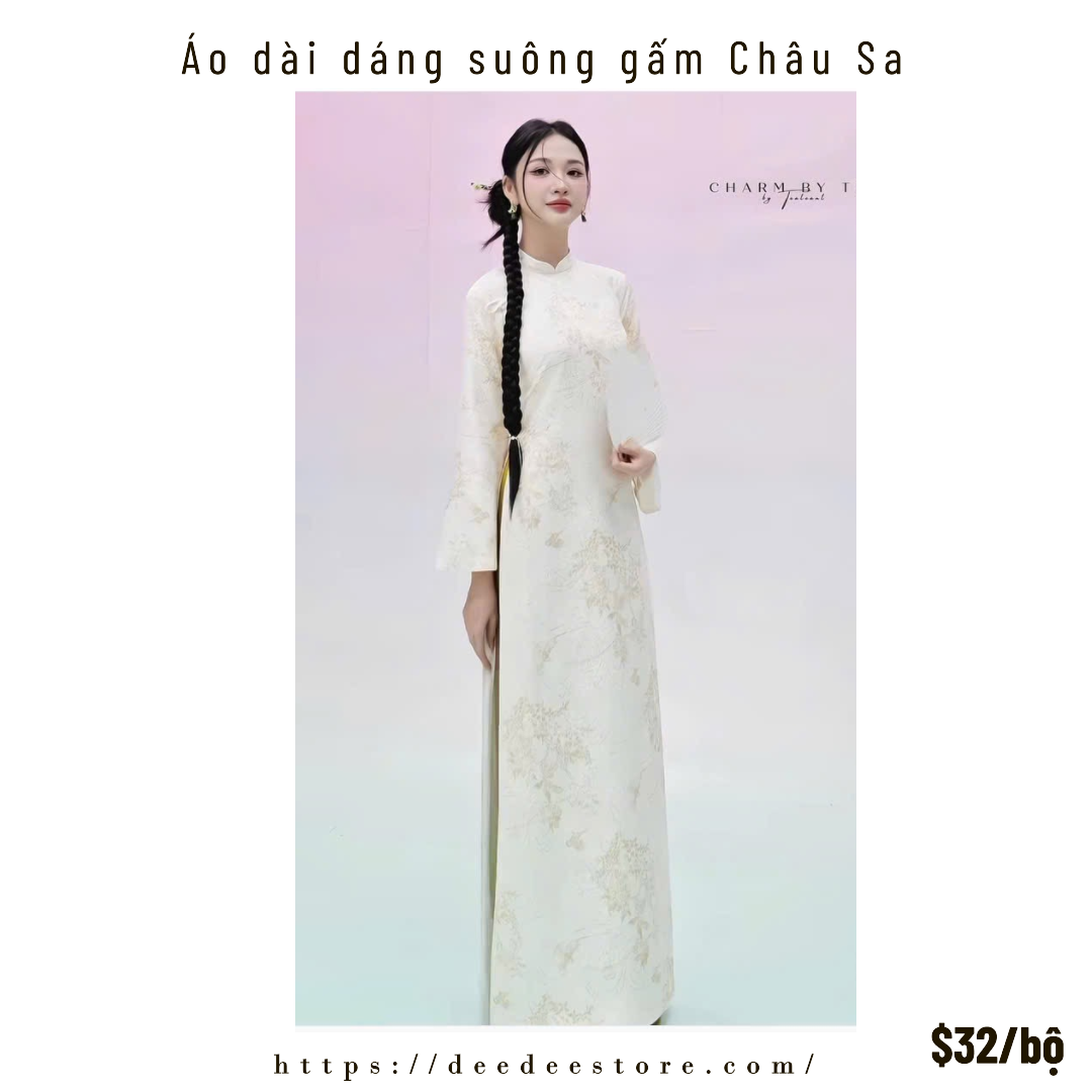 Áo dài dáng suông gấm Tân Châu trắng + quần lụa xanh