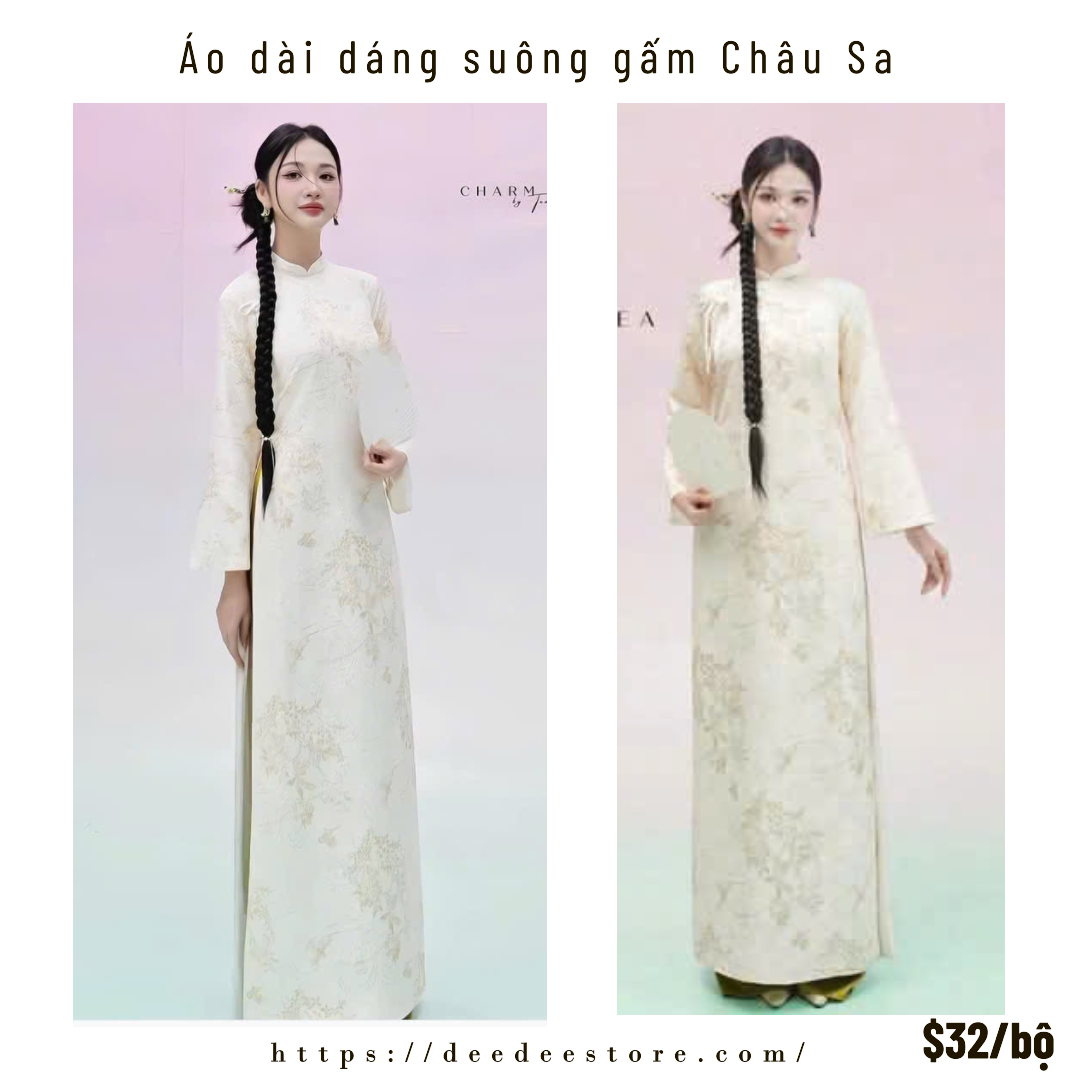 Áo dài dáng suông gấm Tân Châu trắng + quần lụa xanh