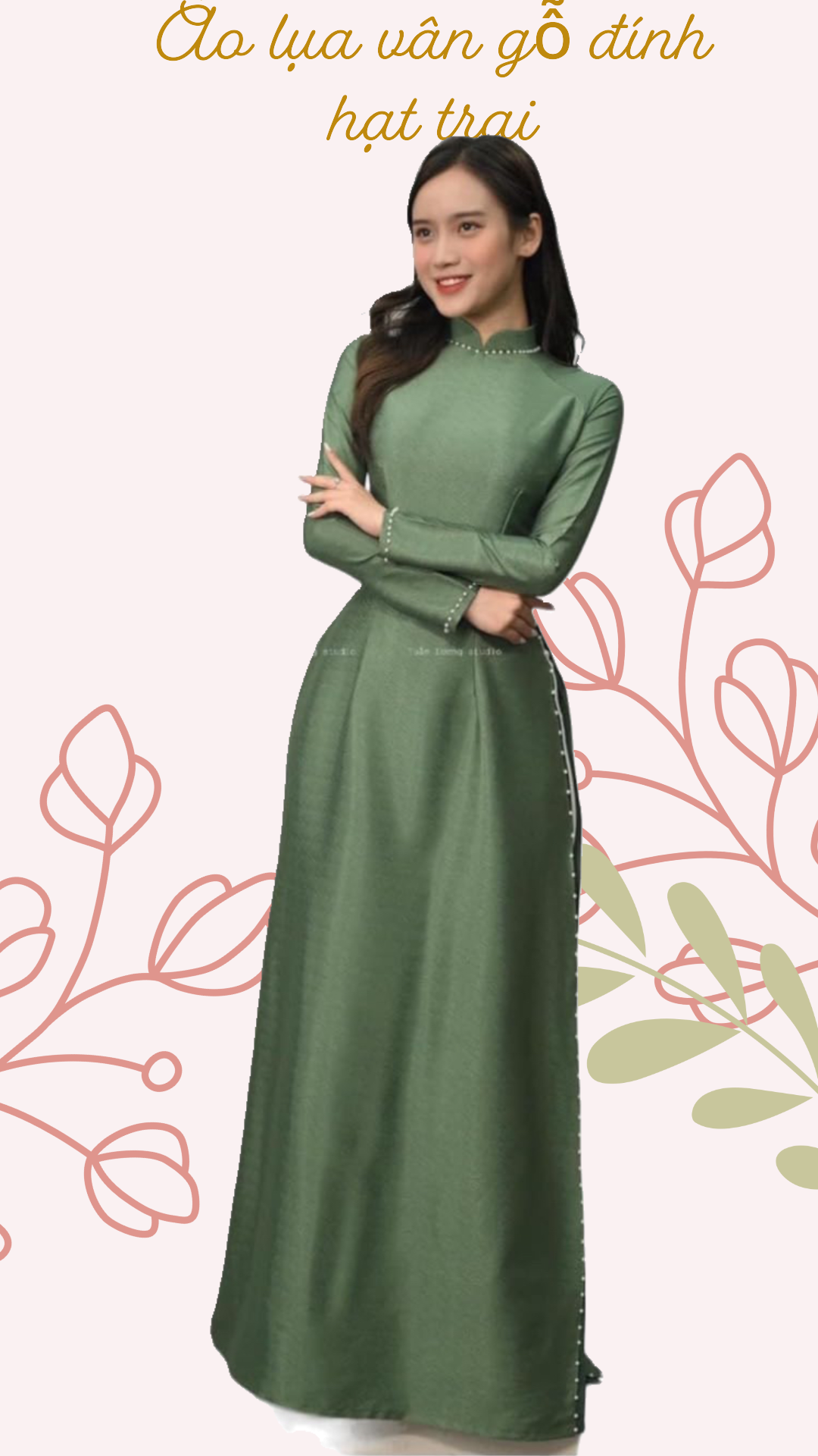 Áo dài lụa vân gỗ đính ngọc trai- traditional moss green silk áo dài