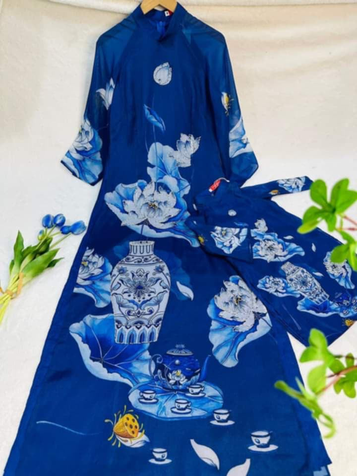 Set Áo dài sen xanh đính cườm cho bé gái- set of double layers blue lotus áo dài for girls