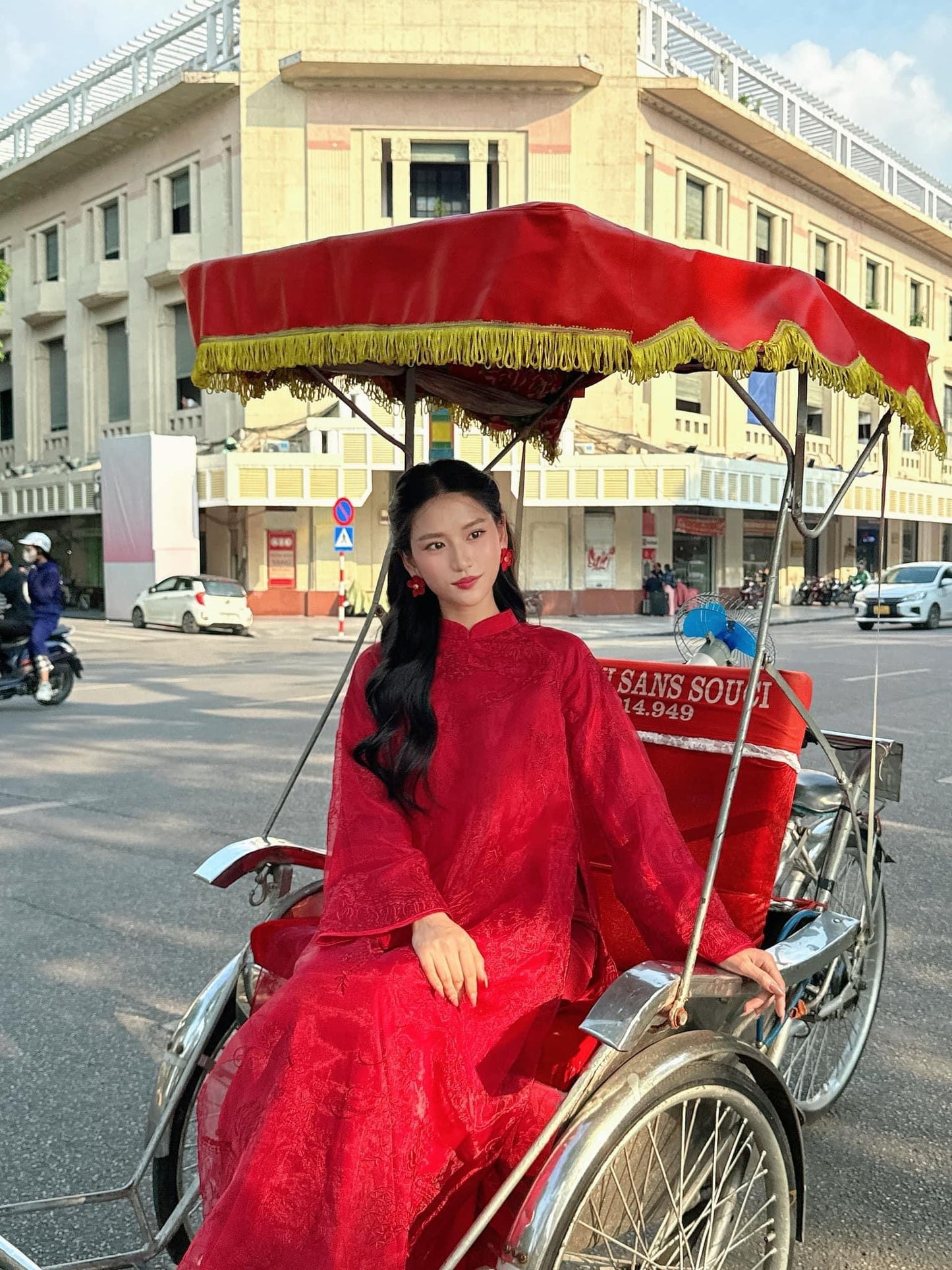 Áo tơ thêu kì lân màu đỏ 2 lớp- red organza embroidered  áo dài