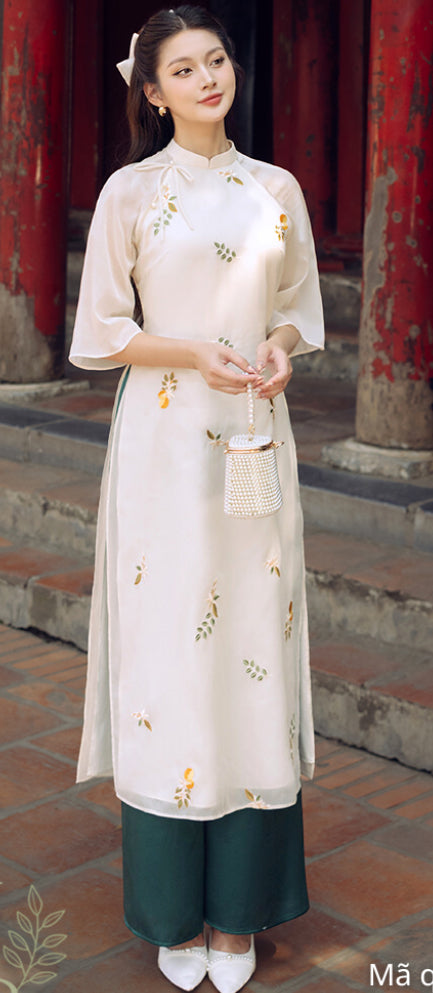 Áo dài cách tân tơ thêu hoa 2 lớp- embroidery áo dài set