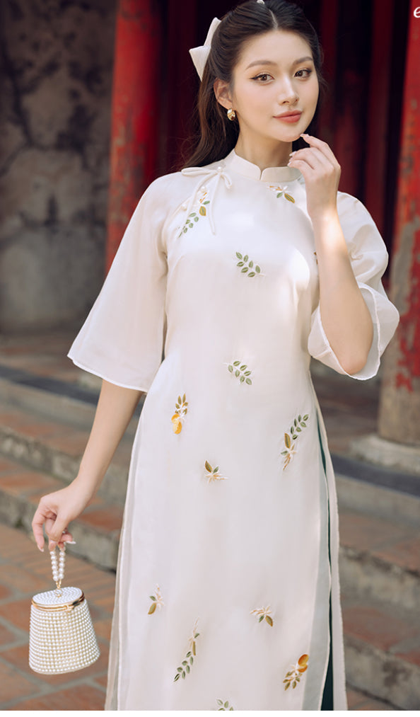 Áo dài cách tân tơ thêu hoa 2 lớp- embroidery áo dài set