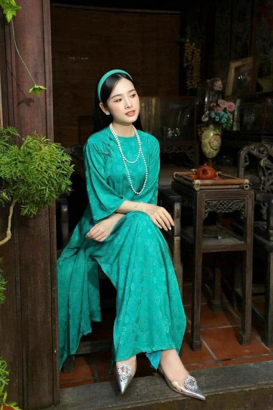 Set bộ áo dài dáng suông lụa tơ tằm hoa văn chữ thọ/ set of emerald áo dài