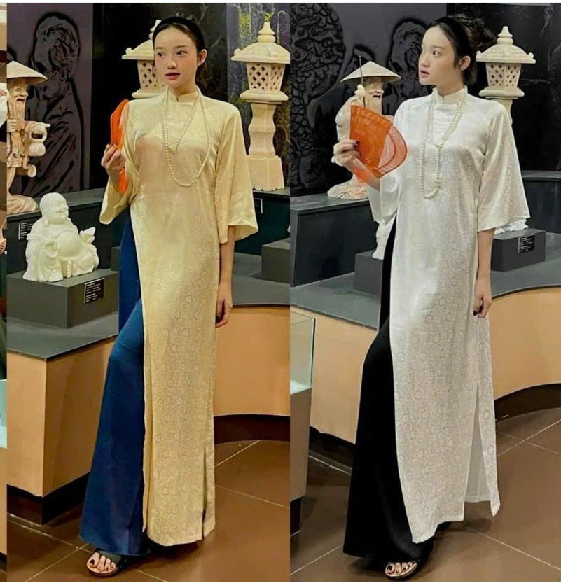 Bộ áo dài dáng suông màu trắng ngà/ set of ivory áo dài