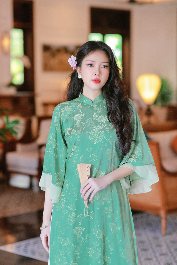 Áo dài gấm hoàng gia màu xanh pastel- mint áo dài