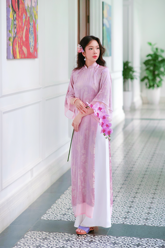 Áo dài gấm hoàng gia màu tím pastel- purple silk áo dài