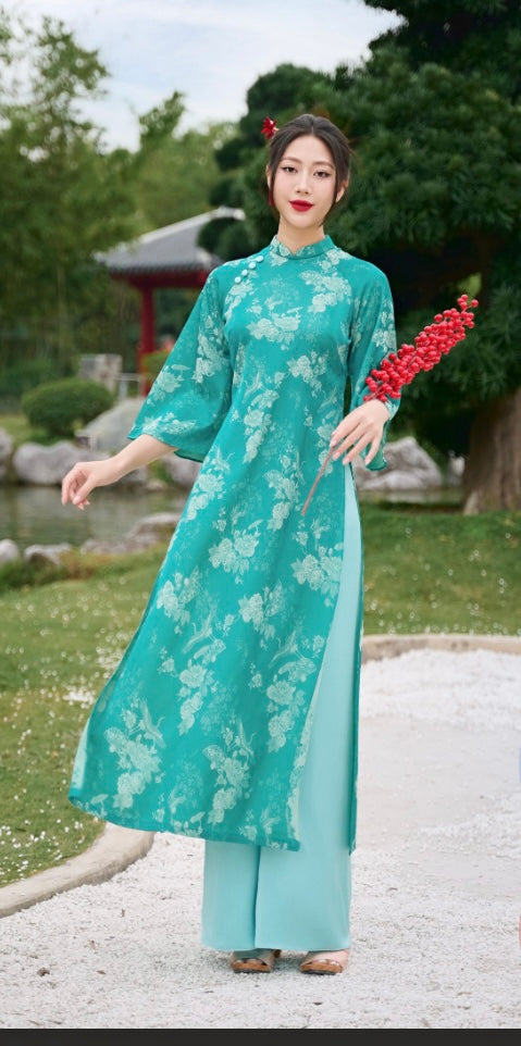 Bộ áo dài cách tân gấm xanh/ Pre-made Modern Vietnamese Ao Dai set