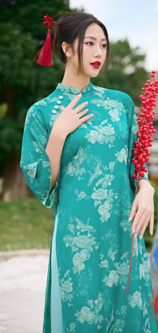 Bộ áo dài cách tân gấm xanh/ Pre-made Modern Vietnamese Ao Dai set