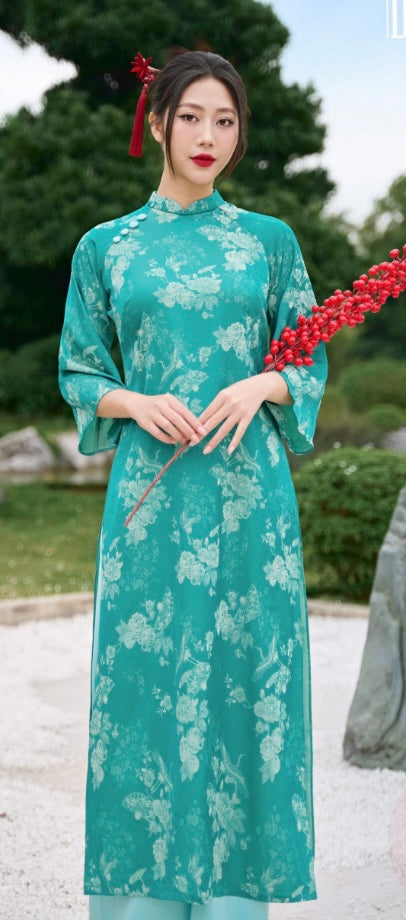 Bộ áo dài cách tân gấm xanh/ Pre-made Modern Vietnamese Ao Dai set