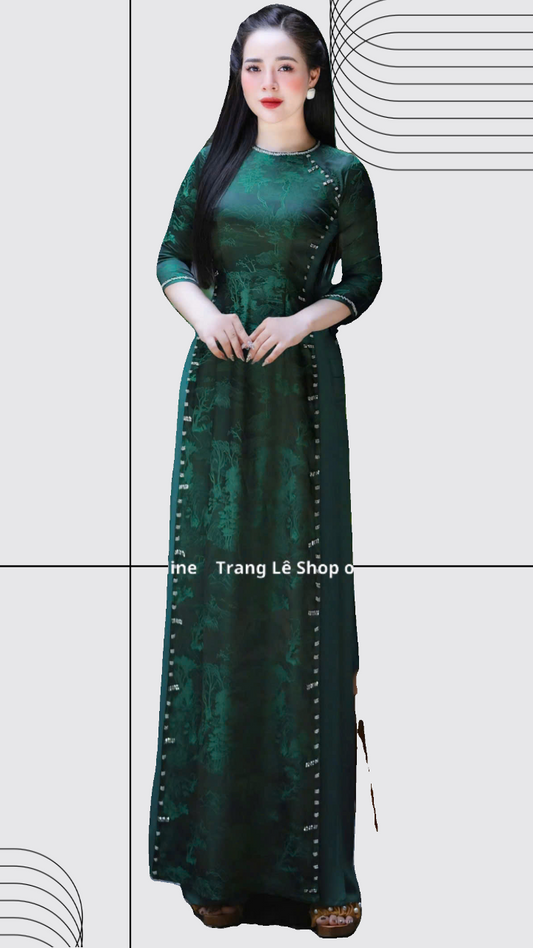 Áo dài gấm 2 da Thái Tuấn kết pha lê, cách điệu hack eo 4 tà- 2 layers traditional Thai Tuan gam silk set in deep green