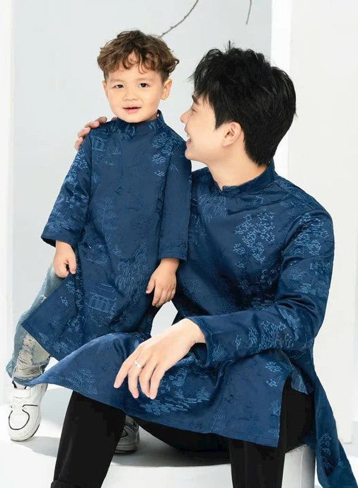 Áo dài tơ thêu tơ màu xanh cho bé trai - pre-made deep blue embroidery áodài for boy