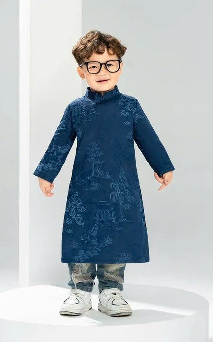 Áo dài tơ thêu tơ màu xanh cho bé trai - pre-made deep blue embroidery áodài for boy