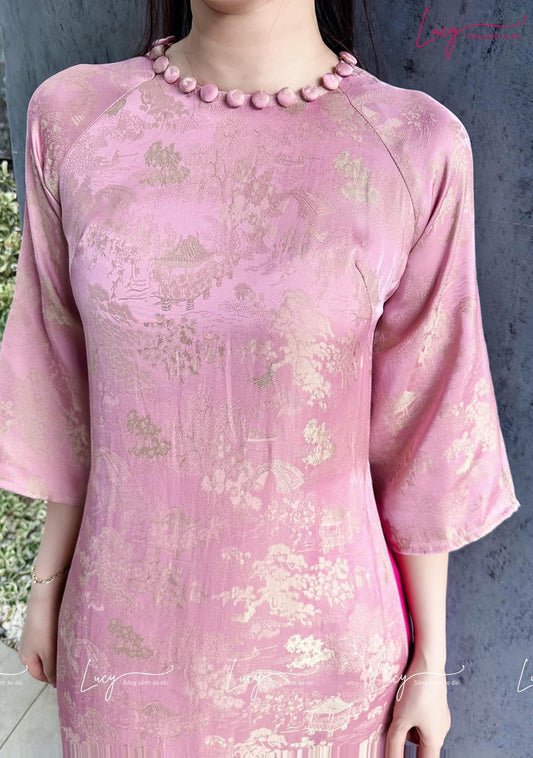 Áo dài cách tân suông gấm Vân Tiều cúc bọc màu hồng- Modern Ao Dai