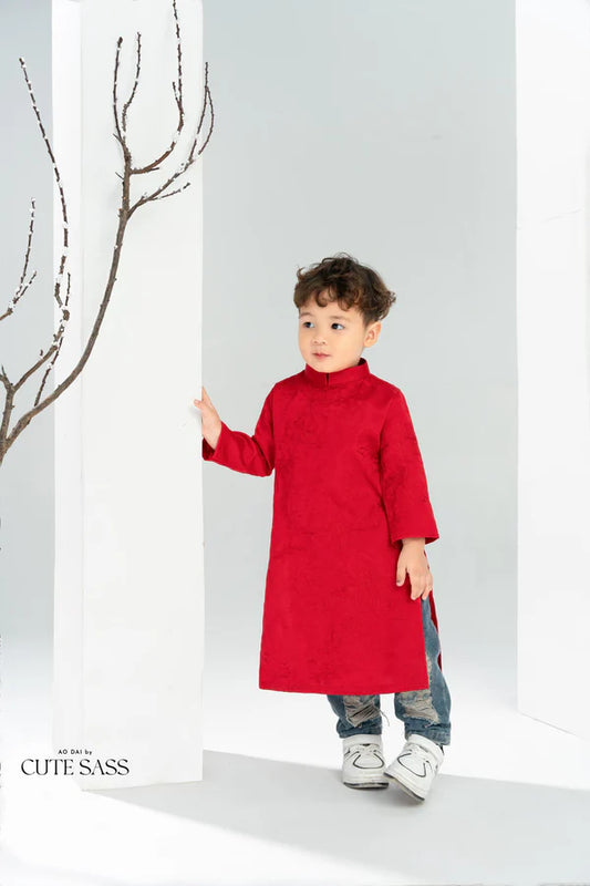 Áo dài tơ thêu tơ màu đỏ cho bé trai - pre-made red embroidery áodài for boy