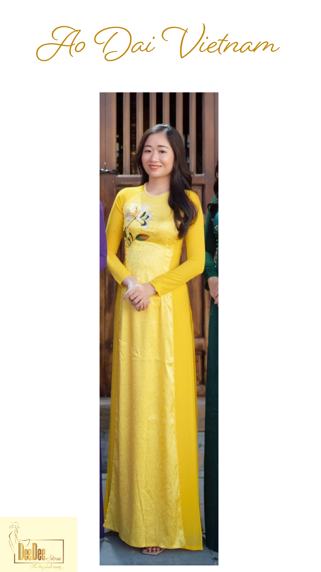 Bộ áo dài gấm vàng chanh phối chiffon thêu 4 tà, quần chiffon 2 lớp/ set of lemon yellow embroidery traditional áo dài