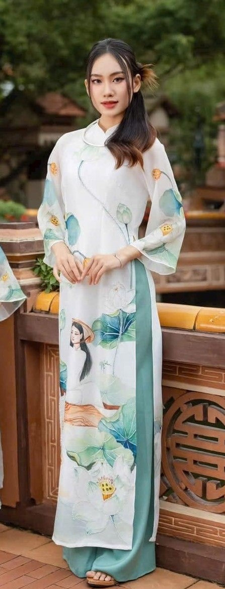 Set Áo dài sen trắng kem đính cườm- set of double layers ivory lotus áo dài.