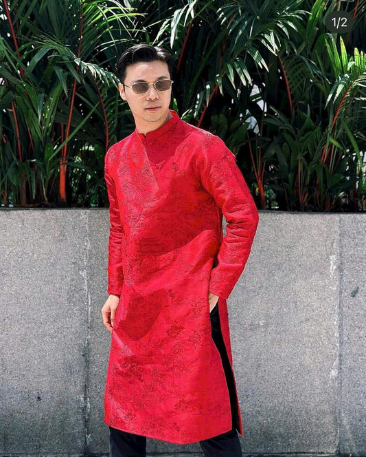 Áo dài nam thêu tơ màu đỏ thêu thủy hạc- pre-made modern red embroidery áodài for men