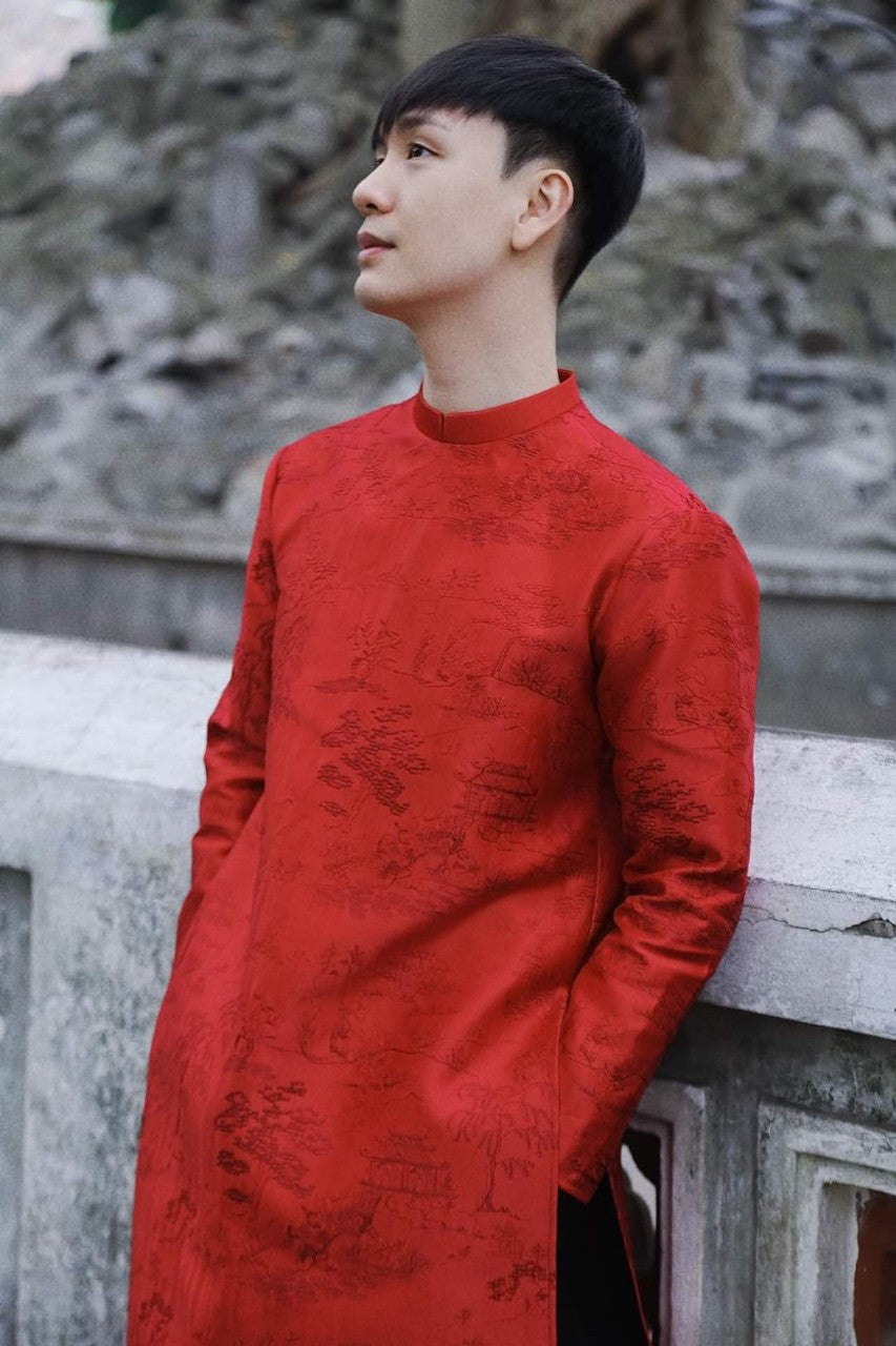 Áo dài nam thêu tơ màu đỏ thêu thủy hạc- pre-made modern red embroidery áodài for men