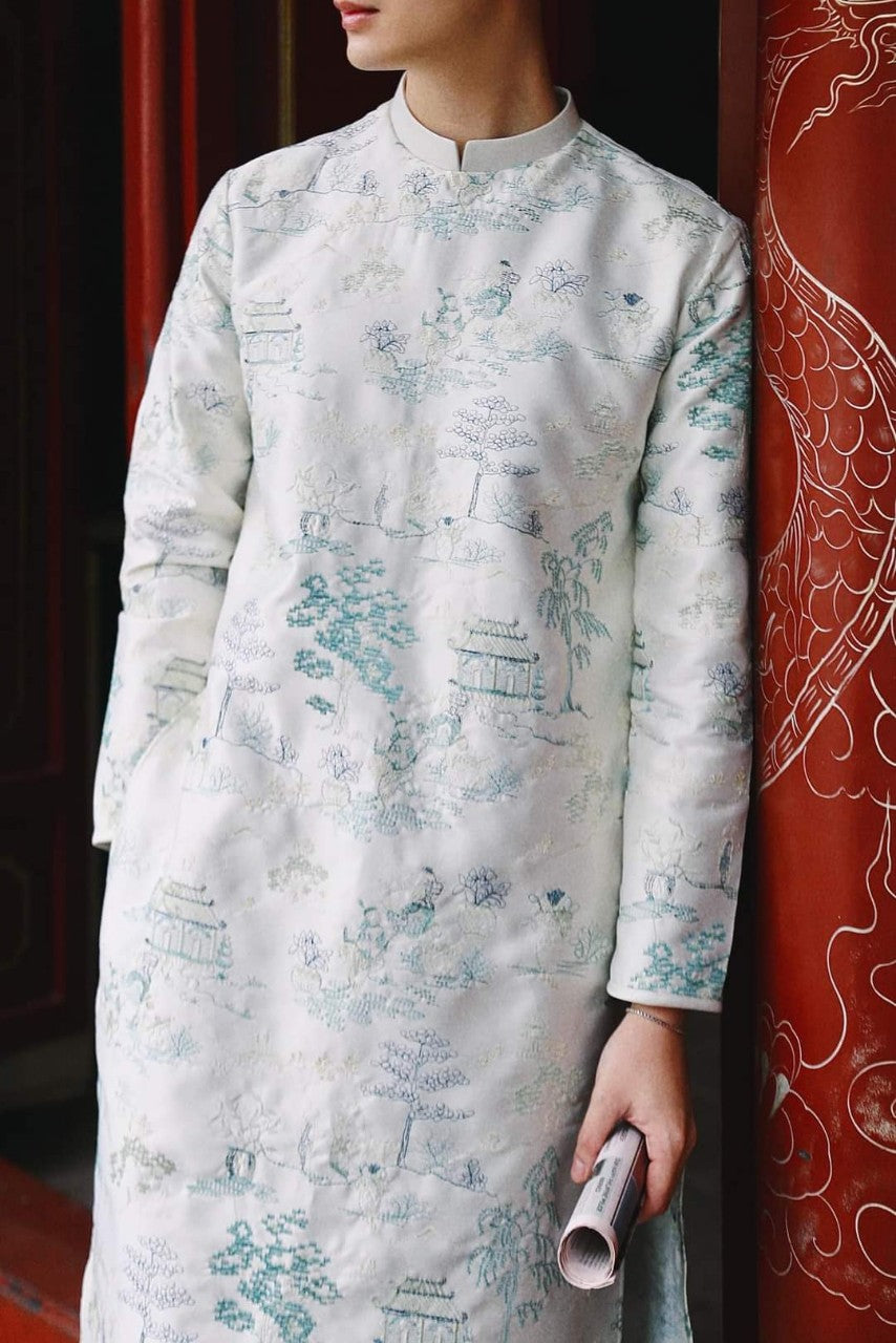 Áo dài nam thêu tơ màu trắng thủy hạc- pre-made modern white embroidery áodài for men