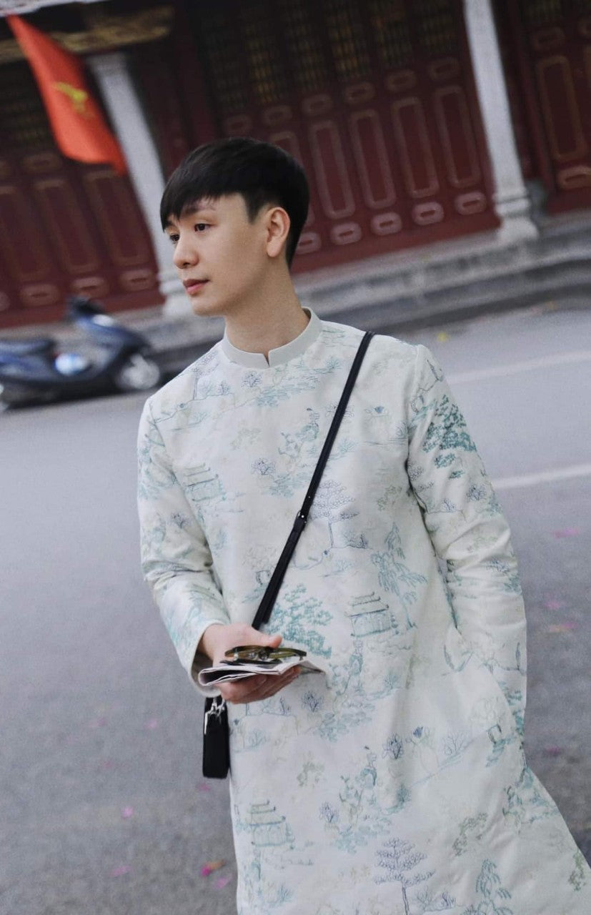 Áo dài nam thêu tơ màu trắng thủy hạc- pre-made modern white embroidery áodài for men