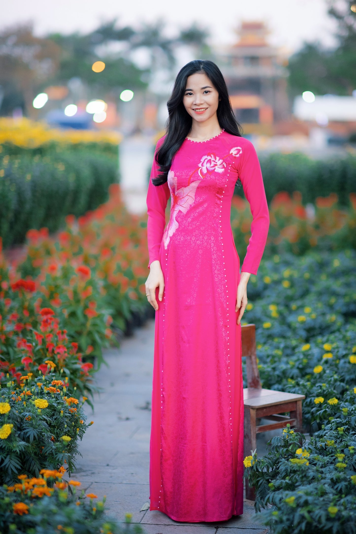 Gấm phối chiffon 4 tà quần 2 lớp thêu- pre-made set of pink embroidery chiffon ao dai