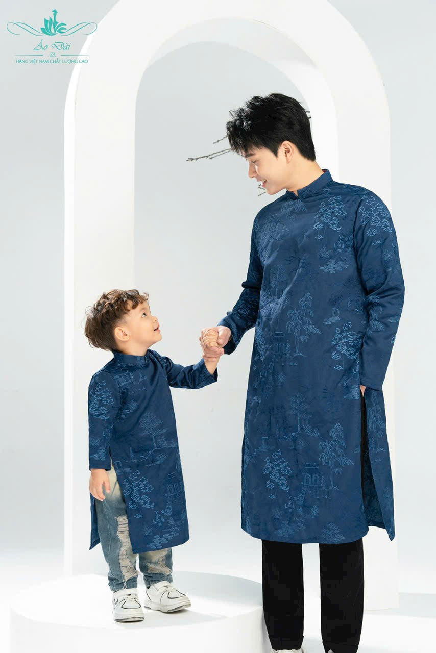 Áo dài nam Thủy Hạc tafta thêu-men's áo dài in deep blue