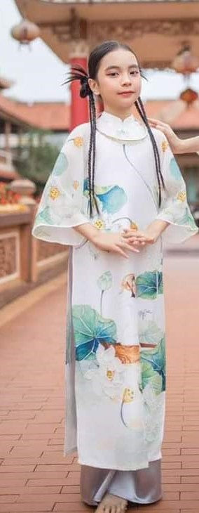 Set Áo dài sen trắng kem đính cườm- set of double layers ivory lotus áo dài for girls