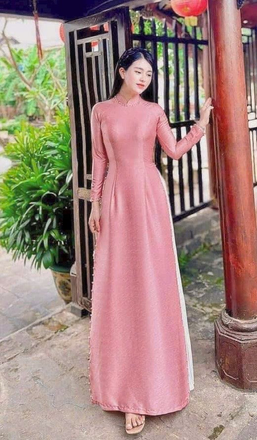 Áo dài lụa vân gỗ đính ngọc trai- traditional pink silk áo dài