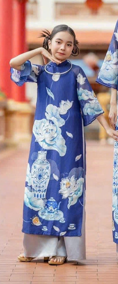 Set Áo dài sen xanh đính cườm cho bé gái- set of double layers blue lotus áo dài for girls